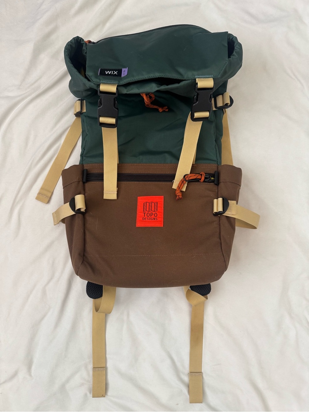 Topo Designs Men’s Two-Tone Roll-Top Backpack in Green and Brown